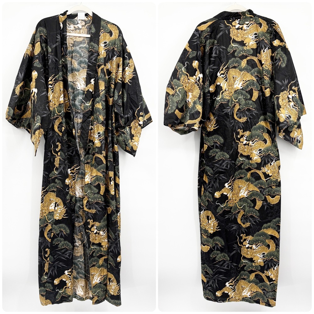 NEW Mens Dragon Print Japanese Traditional Kimono Robe Black Gold‎ Size XL